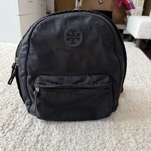 Tory Burch Black Nylon Compact Backpack with Logo Patch